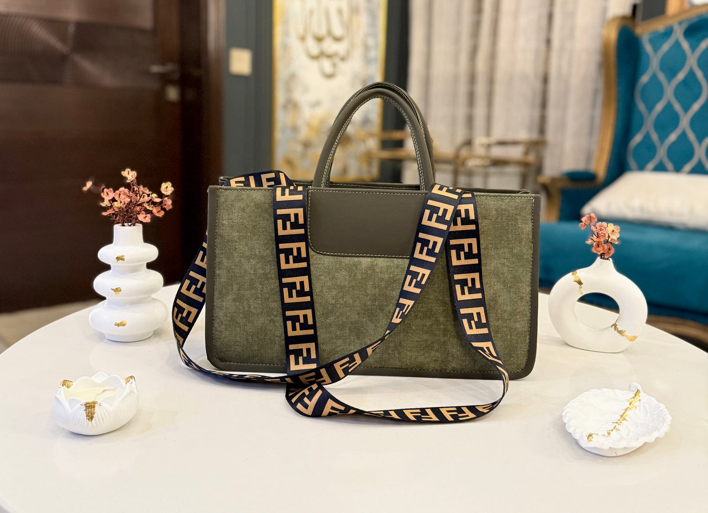 Signature Classic Luxe -  Olive Suede Satchel.